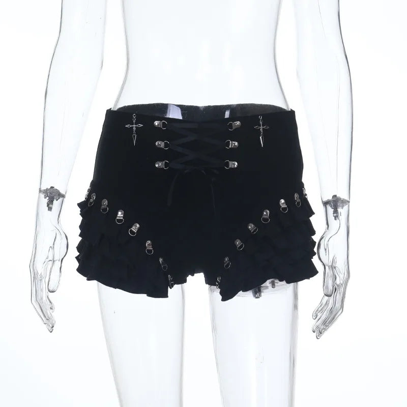Goth Dark Mall Gothic Bottoms Solid Metal Decor Skinny Short Pant Women Streetwear Y2K Fashion Bandage Tierred Cake Skirt Shorts