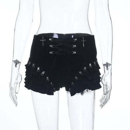 Goth Dark Mall Gothic Bottoms Solid Metal Decor Skinny Short Pant Women Streetwear Y2K Fashion Bandage Tierred Cake Skirt Shorts