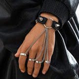 Gothic Black Leather Link Chain Bracelet With Finger Ring for Men
