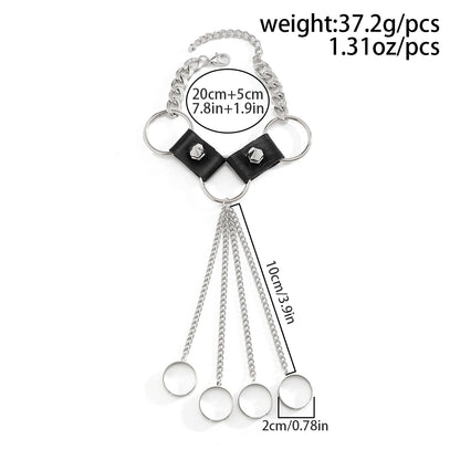 Gothic Black Leather Link Chain Bracelet With Finger Ring for Men