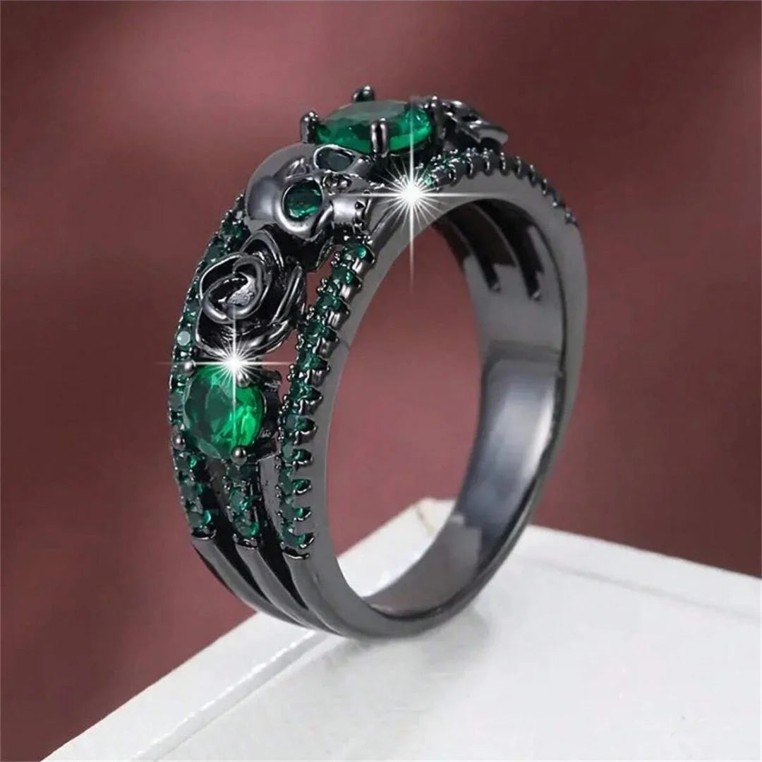 Punk Gun Black Color Women's Zircon Rings Gothic Hollow Rose Design Red Rhinestone Skull Ring Engagement Jewelry Gifts Wholesale