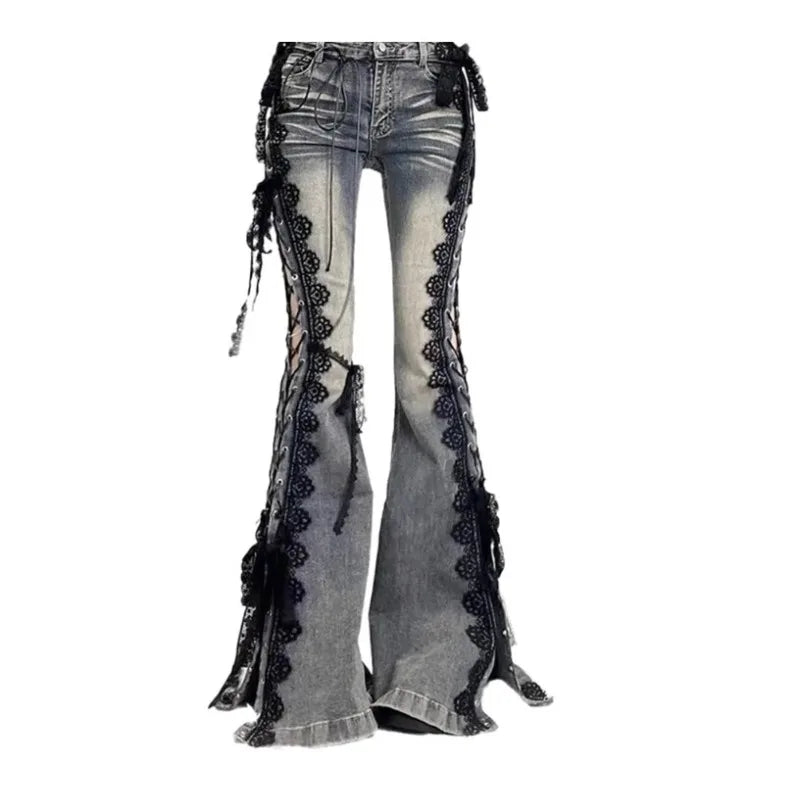 Women Dark Academia Goblin Core Harajuku Y2K Low Rise Lace Jeans Abi Denim Flare Pants Bell-Bottom Y2k Japanese Goth Gyaru Kpop
