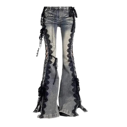 Women Dark Academia Goblin Core Harajuku Y2K Low Rise Lace Jeans Abi Denim Flare Pants Bell-Bottom Y2k Japanese Goth Gyaru Kpop