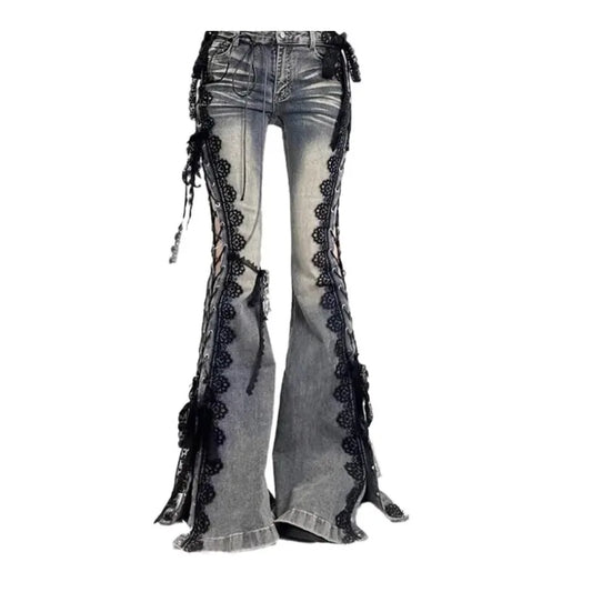 Women Dark Academia Goblin Core Harajuku Y2K Low Rise Lace Jeans Abi Denim Flare Pants Bell-Bottom Y2k Japanese Goth Gyaru Kpop