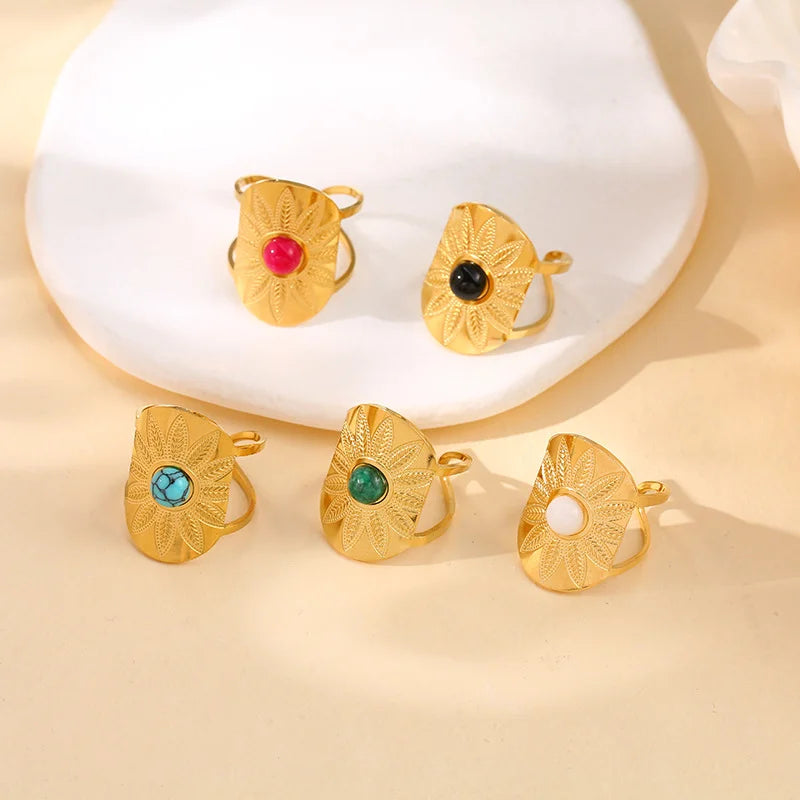 Exquisite Natural Stone Stainless Steel Flower Opening Rings 18k Gold Cubic Zirconia Finger Jewelry For Women Wedding Gift