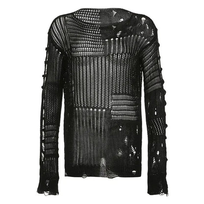 Women's Vintage Gothic Hollow Knit Sweater with Ripped Holes Grunge Y2K Style Thin Long Sleeve Loose Fit Summer Top in Black