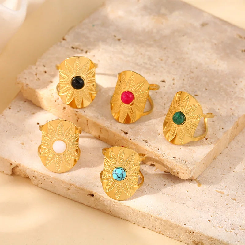 Exquisite Natural Stone Stainless Steel Flower Opening Rings 18k Gold Cubic Zirconia Finger Jewelry For Women Wedding Gift