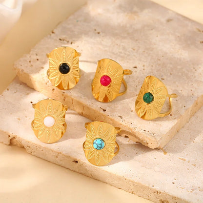 Exquisite Natural Stone Stainless Steel Flower Opening Rings 18k Gold Cubic Zirconia Finger Jewelry For Women Wedding Gift