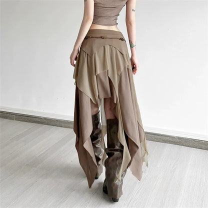 Goth Dark 90s Vintage Bottoms Cyber Y2K Multi-Layer Irregular Hem Skirt Mesh Stitch Women Streetwear Punk Fashion Split Skirts