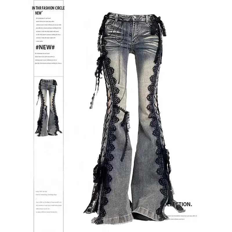 2026 Women Aesthetic Hot Girls Harajuku Y2K Low Rise Lace Jeans Streetwear Denim Flare Pants Bell-Bottom Y2k Japanese Goth Gyaru