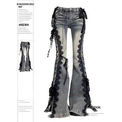 2026 Women Aesthetic Hot Girls Harajuku Y2K Low Rise Lace Jeans Streetwear Denim Flare Pants Bell-Bottom Y2k Japanese Goth Gyaru