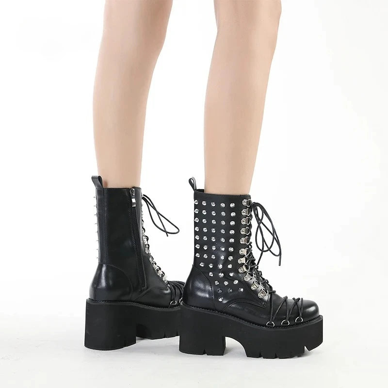 Women Motorcycle Punk Boots Mori Girl Lady Lolita Boots Woman High Top Boots Platform Fashion Rivets Goth Dark