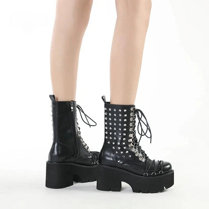 Women Motorcycle Punk Boots Mori Girl Lady Lolita Boots Woman High Top Boots Platform Fashion Rivets Goth Dark