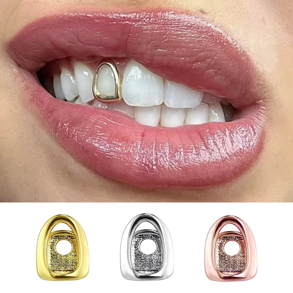 Gold Color Metal Hip Hop Rapper Single Shackle Teeth Grillz Cap Top Bottom Dental Braces Hollow out Personality Tooth Jewelry