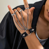 Gothic Black Leather Link Chain Bracelet With Finger Ring for Men