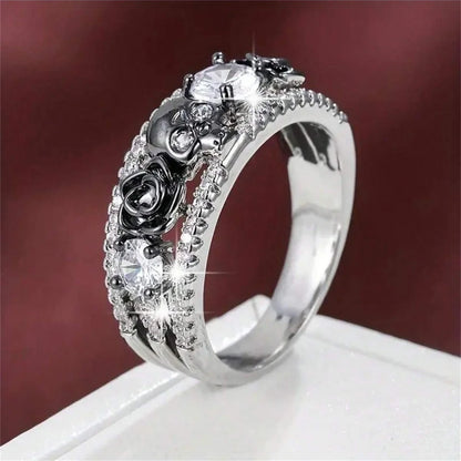 Punk Gun Black Color Women's Zircon Rings Gothic Hollow Rose Design Red Rhinestone Skull Ring Engagement Jewelry Gifts Wholesale