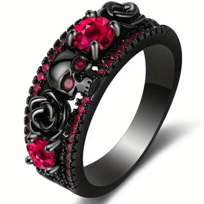 Punk Gun Black Color Women's Zircon Rings Gothic Hollow Rose Design Red Rhinestone Skull Ring Engagement Jewelry Gifts Wholesale