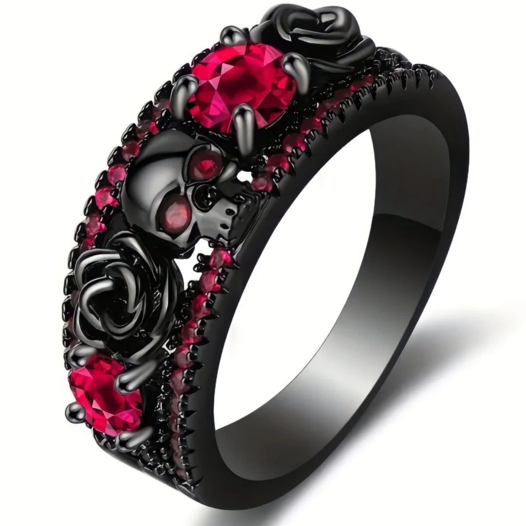 Punk Gun Black Color Women's Zircon Rings Gothic Hollow Rose Design Red Rhinestone Skull Ring Engagement Jewelry Gifts Wholesale