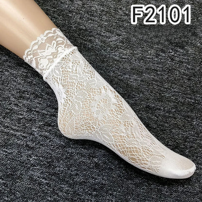 Women Retro Gothic Summer Lace Top Floral Fishnet Ankle Socks Lady Black Nylon Short Lace Stockings 23 Models Shoe Size 5-10