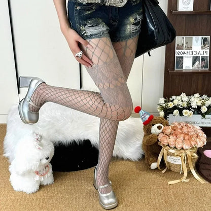 New Hollow Design Grey Pantyhose Goth Punk Cool Nylon Fishnet Stockings Women Japanese Lolita Uniform Slim Bottomed Mesh Tights