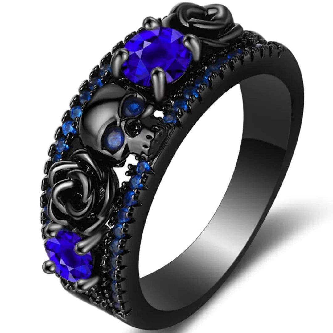 Punk Gun Black Color Women's Zircon Rings Gothic Hollow Rose Design Red Rhinestone Skull Ring Engagement Jewelry Gifts Wholesale
