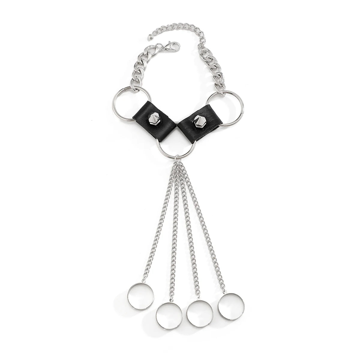 Gothic Black Leather Link Chain Bracelet With Finger Ring for Men