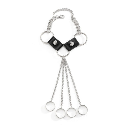 Gothic Black Leather Link Chain Bracelet With Finger Ring for Men
