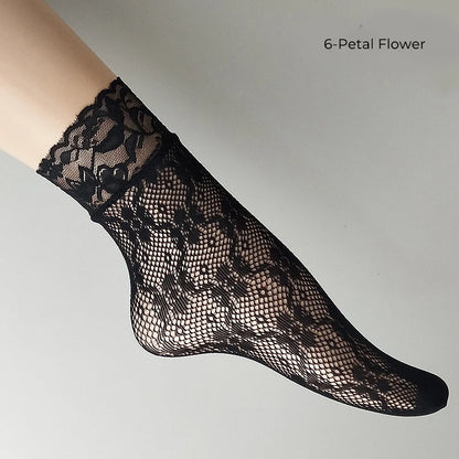 Women Retro Gothic Summer Lace Top Floral Fishnet Ankle Socks Lady Black Nylon Short Lace Stockings 23 Models Shoe Size 5-10