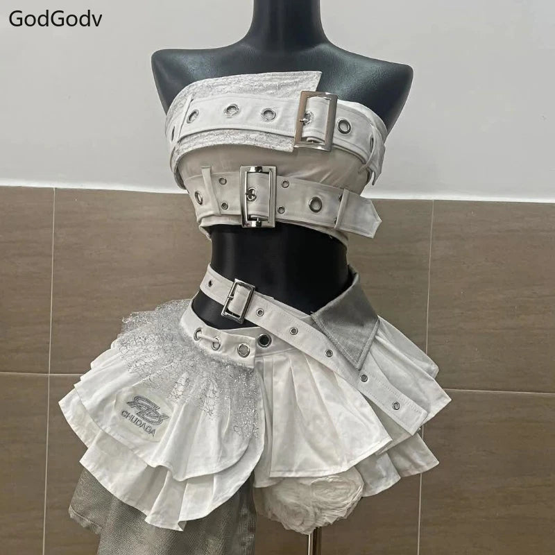 Summer Vintage Elegant Y2K Woman 2 Piece Sets Punk Gothic Strapless Crop Tops +High Waist Ruffle Skirt Female Party Outfits 2025