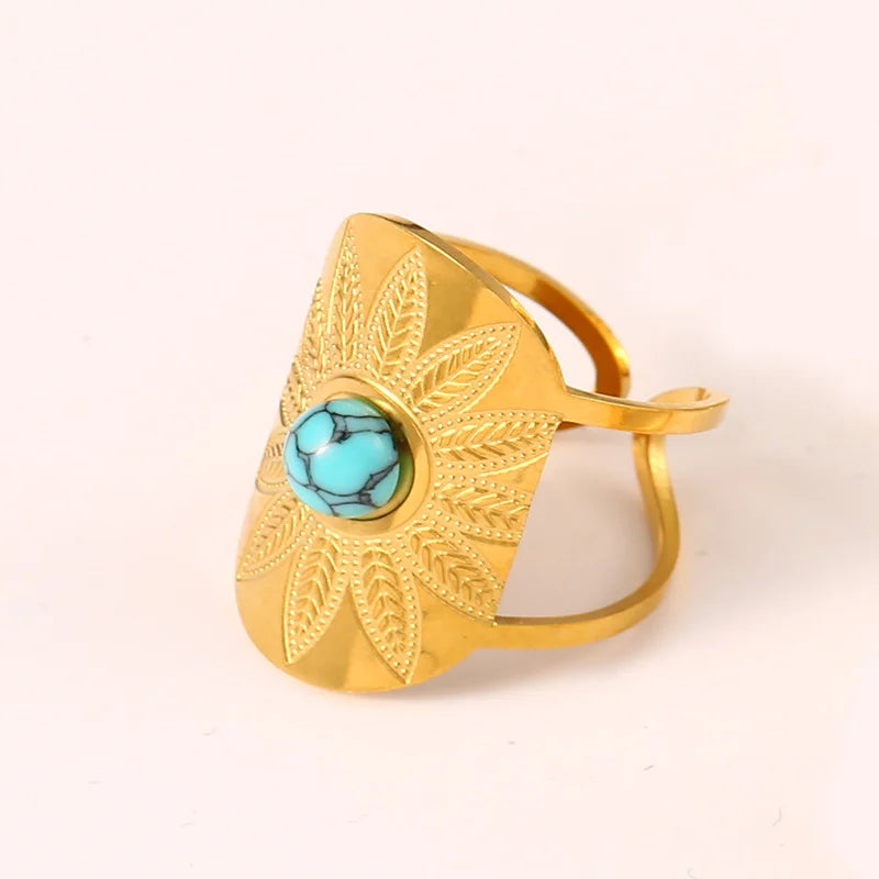 Exquisite Natural Stone Stainless Steel Flower Opening Rings 18k Gold Cubic Zirconia Finger Jewelry For Women Wedding Gift