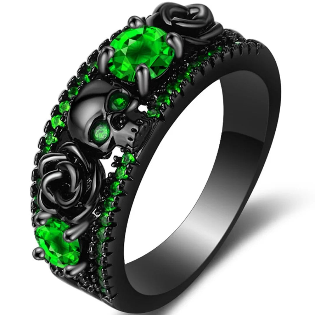 Punk Gun Black Color Women's Zircon Rings Gothic Hollow Rose Design Red Rhinestone Skull Ring Engagement Jewelry Gifts Wholesale