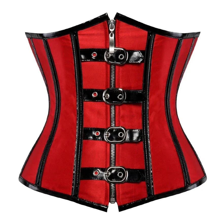 Gothic Steampunk Underbust Corset Top Black Red Spiral Steel Boned Waist Trainer Bustier with Zip Buckles Sliming Corselet