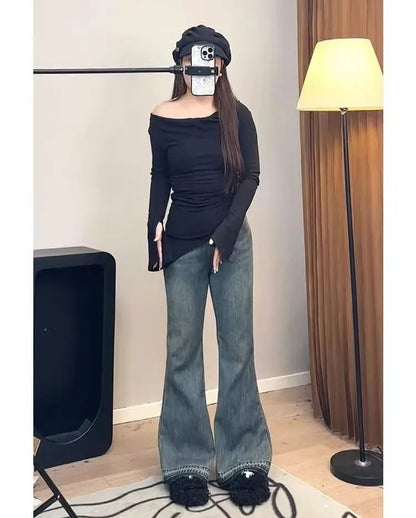 Bootcut Jeans Woman Plus Size Women Slant Pockets Shopping Goth Unique Pleated Bottom Leg Lifting Texture South Zipper Neutral