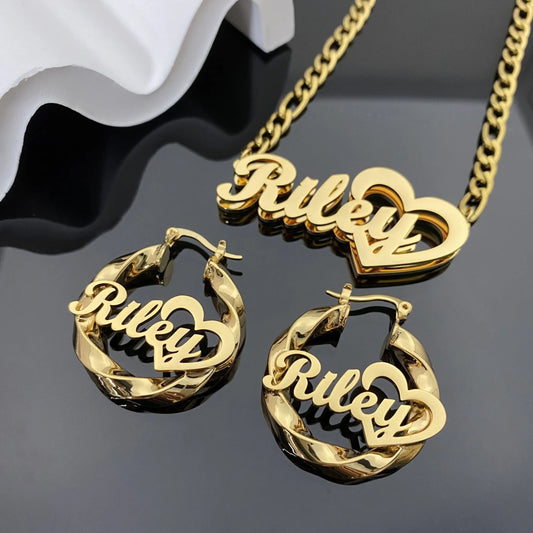 Kids Name Jewelry Set Personalized Gold Nameplate Necklace Name Pendant Earrings Twist Hoop Design Custom Gift for Kids Her