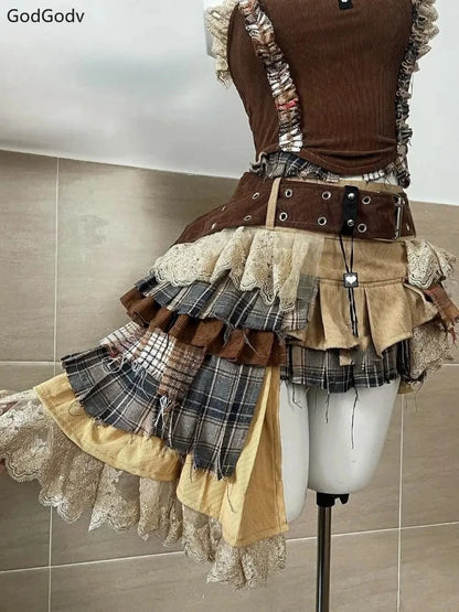 Summer Vintage Elegant Y2K Woman 2 Piece Sets Punk Gothic Strapless Crop Tops +High Waist Ruffle Skirt Female Party Outfits 2025