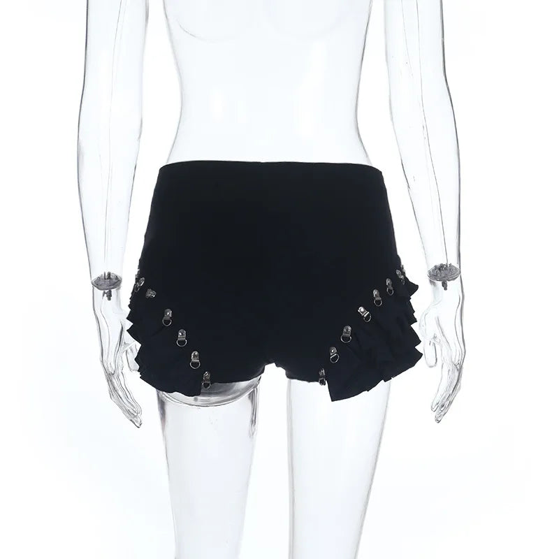 Goth Dark Mall Gothic Bottoms Solid Metal Decor Skinny Short Pant Women Streetwear Y2K Fashion Bandage Tierred Cake Skirt Shorts