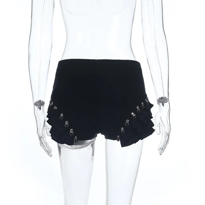Goth Dark Mall Gothic Bottoms Solid Metal Decor Skinny Short Pant Women Streetwear Y2K Fashion Bandage Tierred Cake Skirt Shorts