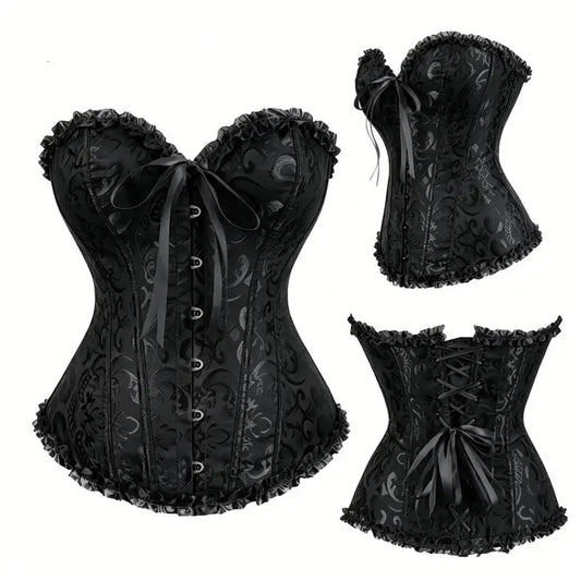 Black Jacquard Corset Top Women Vintage Overbust Bustier Boned Shapewear Gothic Lingerie With Ruffle Trim For Court Party Clothe