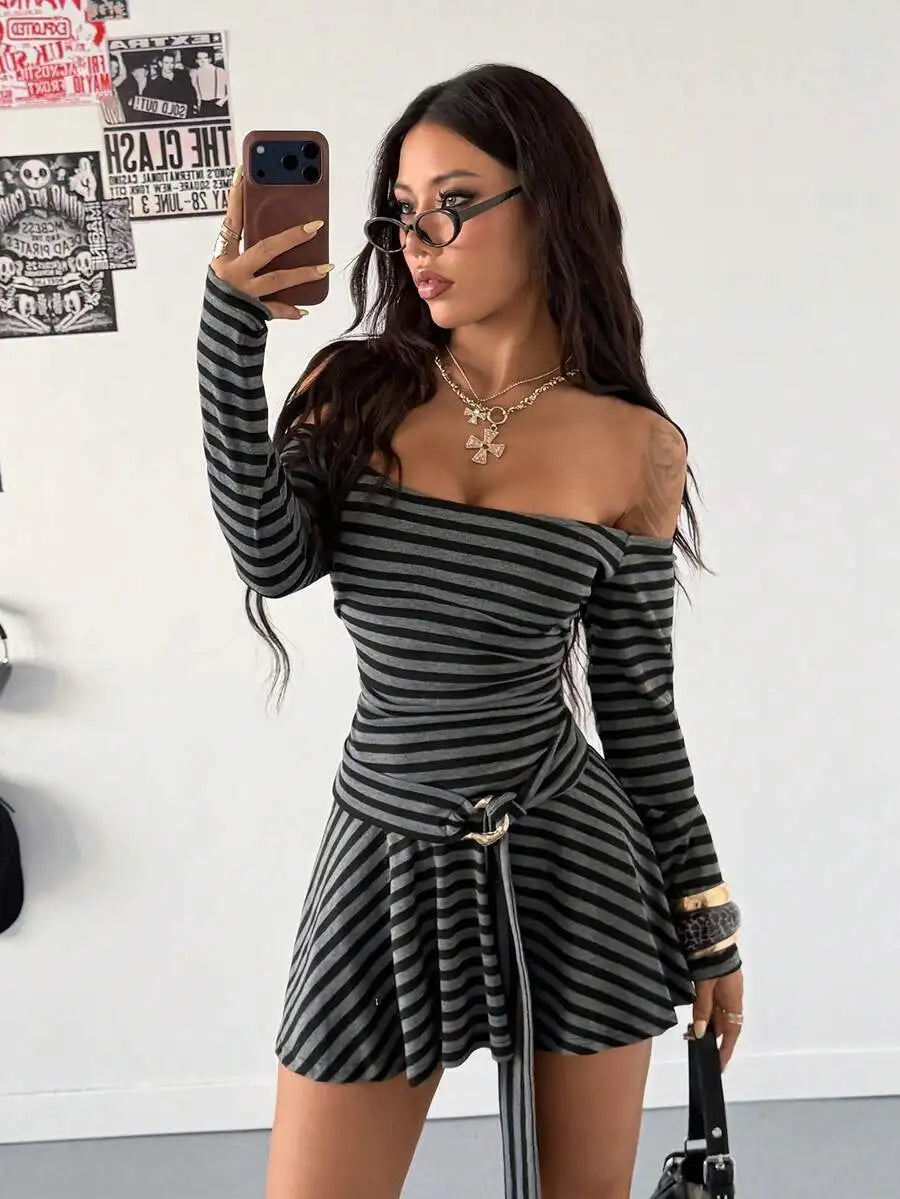 Off Shoulder Striped Long Sleeve Short Dress For Women Street Style