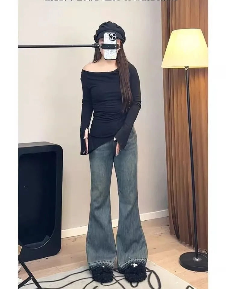 Bootcut Jeans Woman Plus Size Women Slant Pockets Shopping Goth Unique Pleated Bottom Leg Lifting Texture South Zipper Neutral