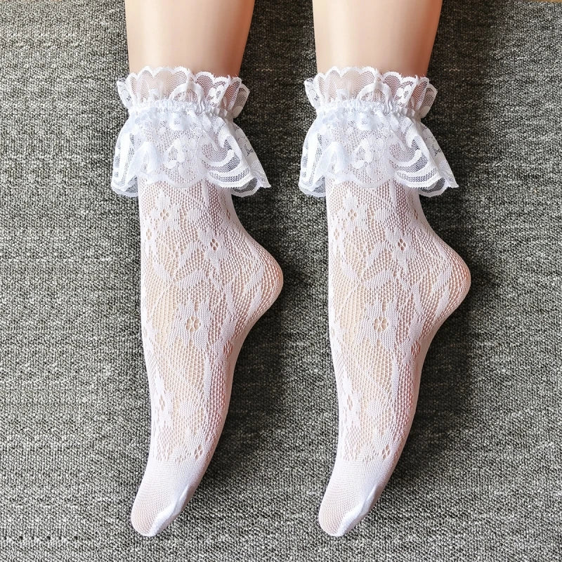 Women Retro Gothic Summer Lace Top Floral Fishnet Ankle Socks Lady Black Nylon Short Lace Stockings 23 Models Shoe Size 5-10