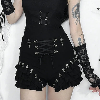 Goth Dark Mall Gothic Bottoms Solid Metal Decor Skinny Short Pant Women Streetwear Y2K Fashion Bandage Tierred Cake Skirt Shorts