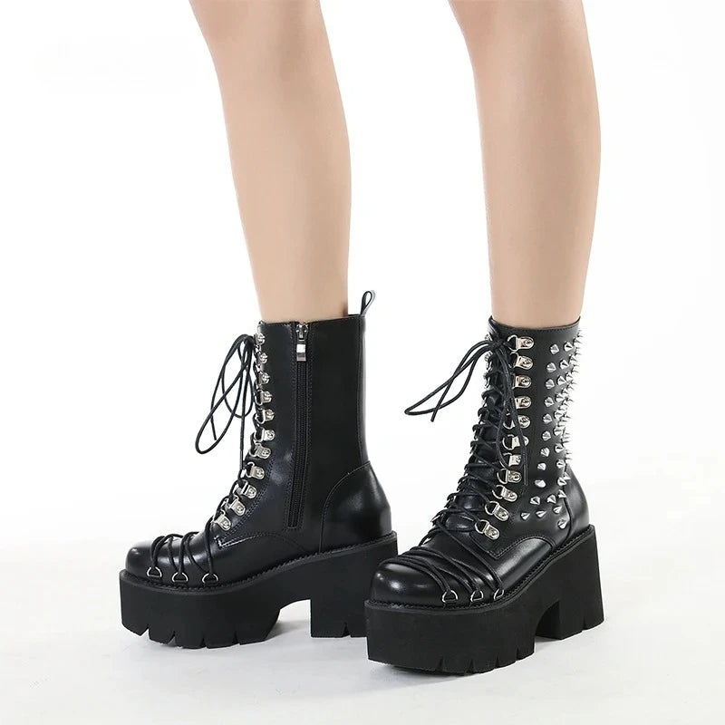 Women Motorcycle Punk Boots Mori Girl Lady Lolita Boots Woman High Top Boots Platform Fashion Rivets Goth Dark