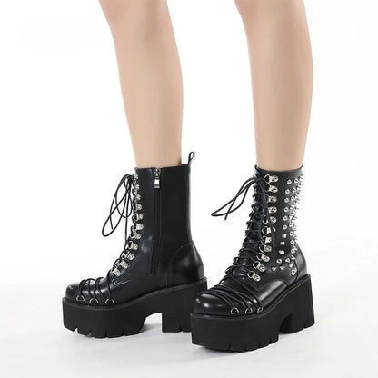 Women Motorcycle Punk Boots Mori Girl Lady Lolita Boots Woman High Top Boots Platform Fashion Rivets Goth Dark
