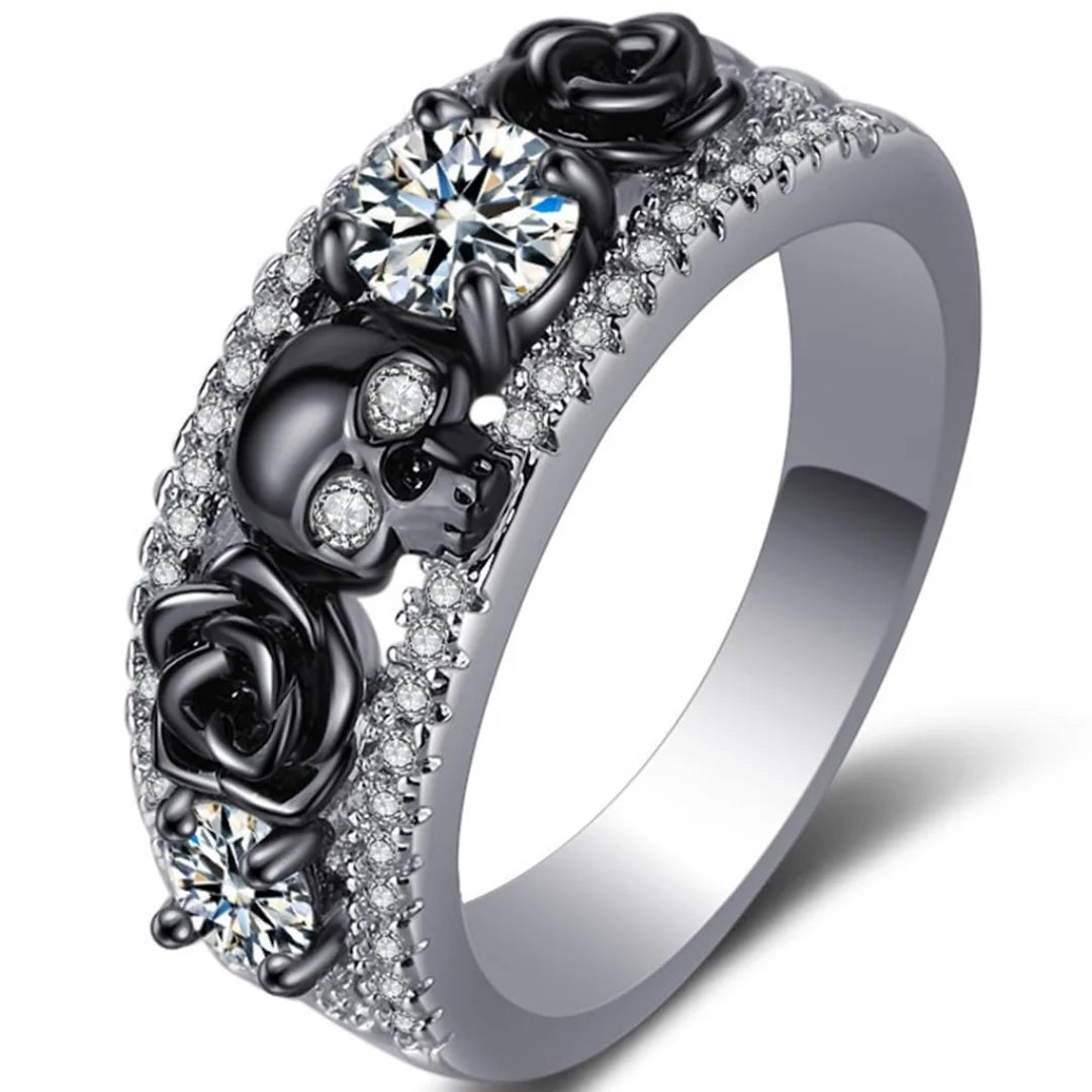 Punk Gun Black Color Women's Zircon Rings Gothic Hollow Rose Design Red Rhinestone Skull Ring Engagement Jewelry Gifts Wholesale