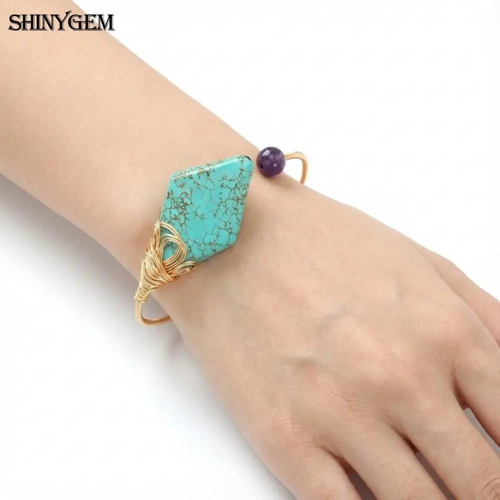 Handmade Natural Turquoise & Amethyst | Adjustable Wire Wrapped Handmade Bracelet