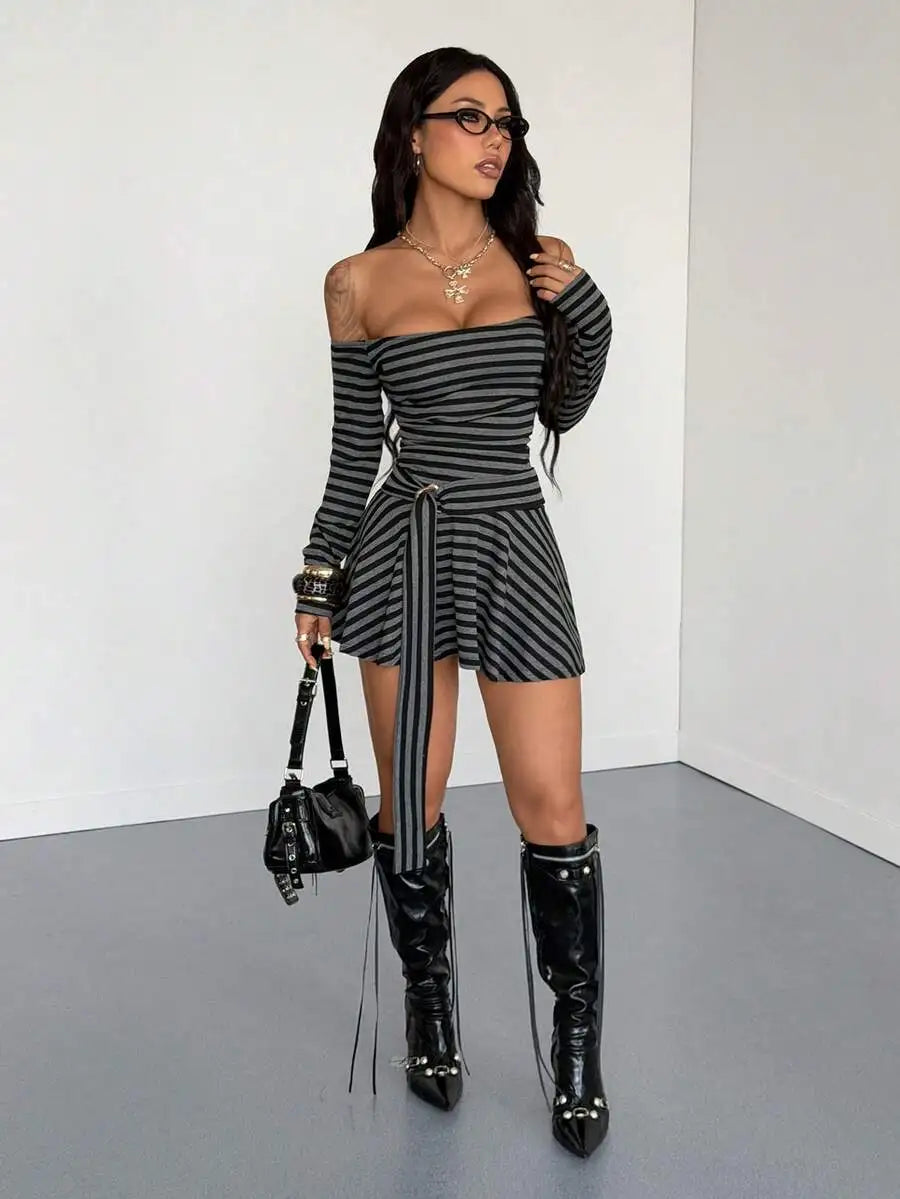 Off Shoulder Striped Long Sleeve Short Dress For Women Street Style