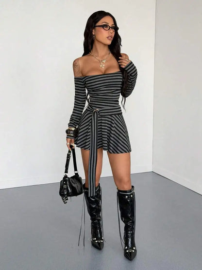 Off Shoulder Striped Long Sleeve Short Dress For Women Street Style