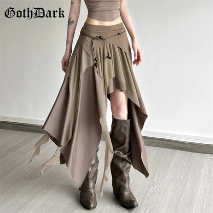 Goth Dark 90s Vintage Bottoms Cyber Y2K Multi-Layer Irregular Hem Skirt Mesh Stitch Women Streetwear Punk Fashion Split Skirts