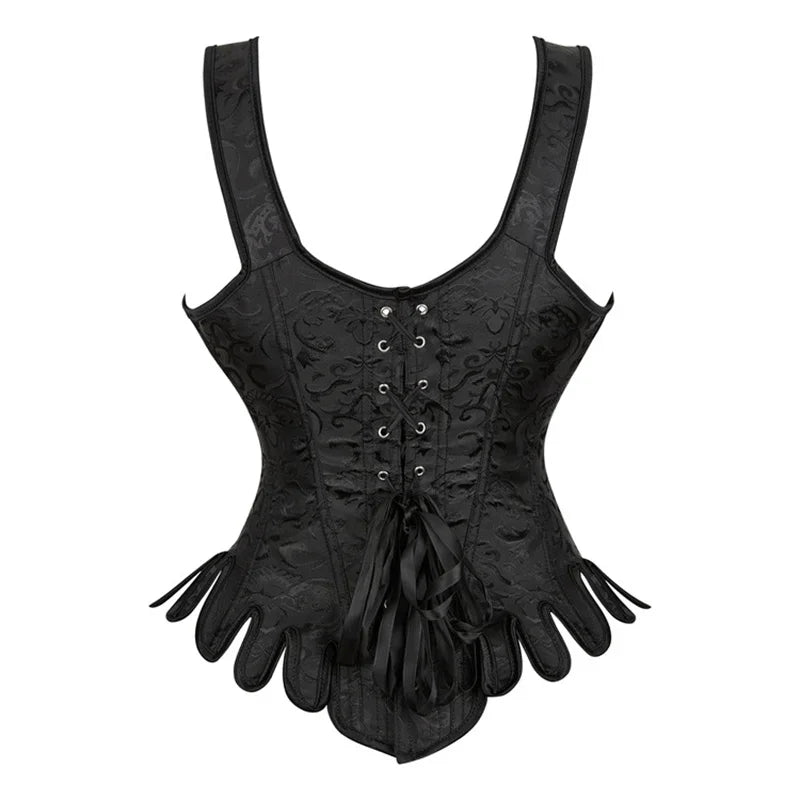 Women Corset Top with Shoulder Strap Gothic Black Blue Lace Up Overbust Embroidery Bustier Vest Renissance Costume